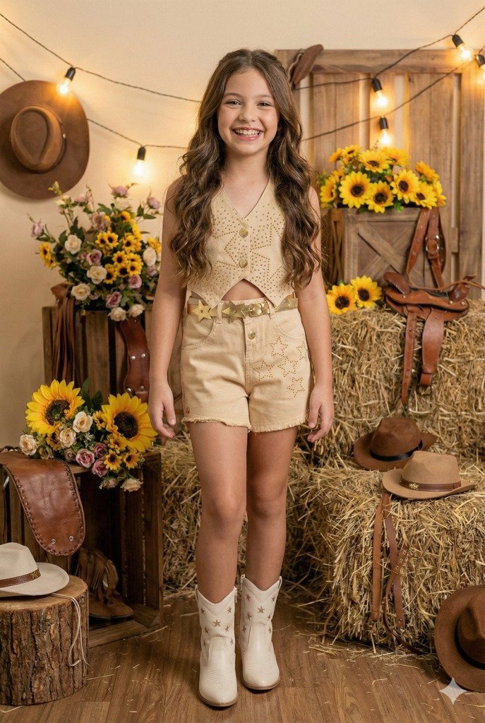 Conjunto Blogueirinha Boiadeira Estrelada Dourado