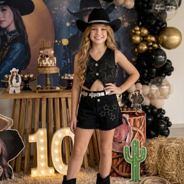 Conjunto Blogueirinha Boiadeira Estrelada Preto