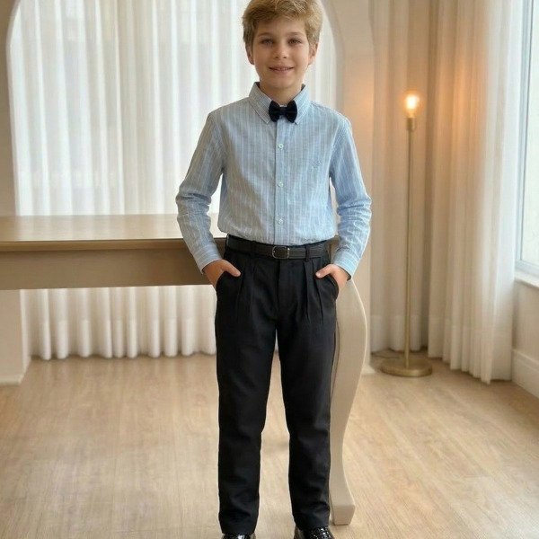 Conjunto Social Miss Cherry Henrique Azul Calça Preta