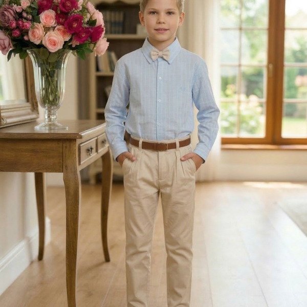 Conjunto Social Miss Cherry Henrique Azul Calça Bege