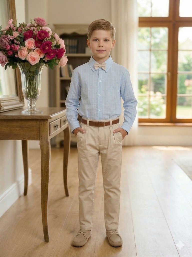 Conjunto Social Miss Cherry Henrique Azul Calça Bege