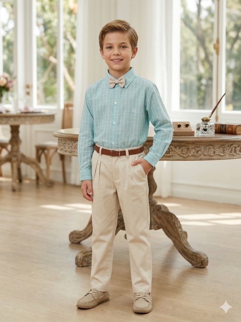 Conjunto Social Miss Cherry Henrique Verde Calça Bege