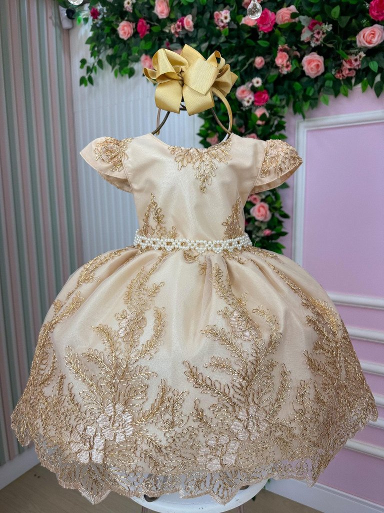 Vestido Marie Realeza Luci Dourado Renda Brilhante