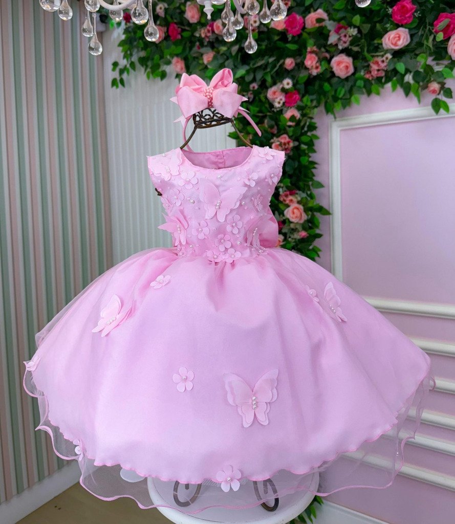 Vestido Marie Jardim das Borboletas Rosa Bebe Viviane Modelo