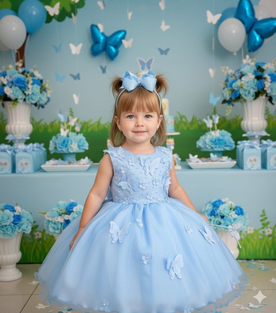 Vestido Marie Jardim das Borboletas Azul Bebe Viviane Modelo
