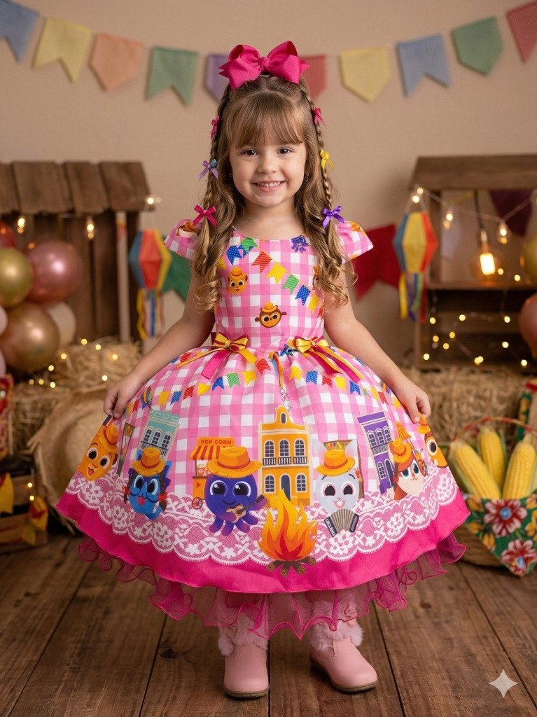 Vestido Junino Temáticos Kids Luxo Bolo Fofo Rosa