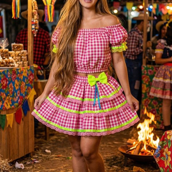 Conjunto Banana Club Junino Luxo Adulto Sofia Rosa