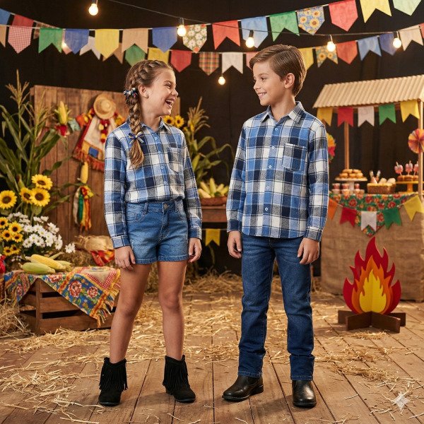 Camisa Flanelada Xadrez Junina James Azul