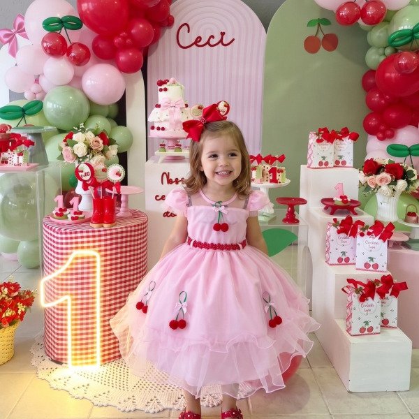 Vestido Mini Miss Cerejinha Rosa Bebe